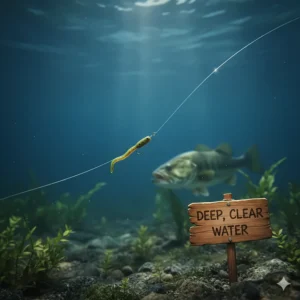 Small finesse lure tied to clear fluorocarbon line underwater, perfect for deep, clear water bass fishing.