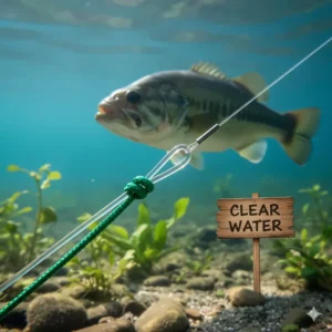 Nearly invisible fluorocarbon fishing line being tied as a leader to braided line, ideal for clear water and wary bass.