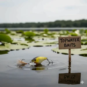 Monofilament fishing line floating near a topwater lure, showcasing the best line's buoyancy for surface baits for bass.