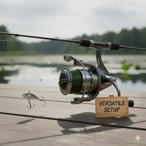 A spinning reel spooled with braided fishing line and a short fluorocarbon leader, a versatile setup for finding the best fishing line for bass.