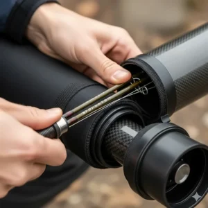 A close-up shot of a person carefully sliding a fly fishing rod into a padded, telescoping storage tube, emphasizing the ease of use and protection from damage.