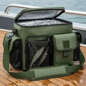 An image showing an insulated, waterproof bait bag with multiple pockets, perfect for keeping live bait cool and fresh on a fishing trip.