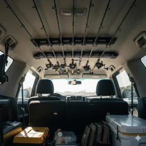 An interior view of an SUV with a specialized fishing rod storage rack holding multiple rods neatly and safely against the ceiling.