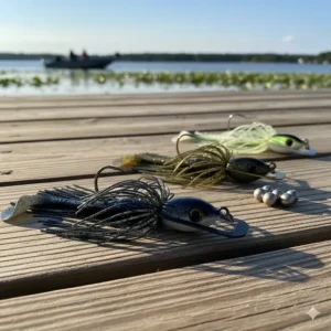 Close-up of a bass jig lure with a rubber skirt, a versatile option for targeting bass near cover and structure.