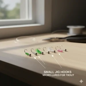 An illustration showing small jig hooks commonly used when tying or rigging micro-lures for river trout fishing.