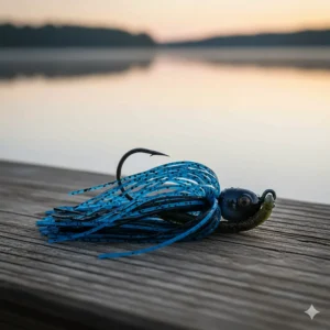 A photo of a black and blue jig lure with a rubber skirt, a popular choice for targeting bass in deep water and heavy cover.