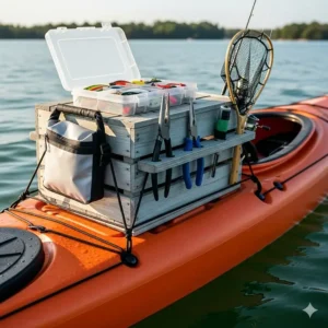A specially designed crate-style fishing organizer secured on the back of a kayak, holding essential tools and small tackle boxes.