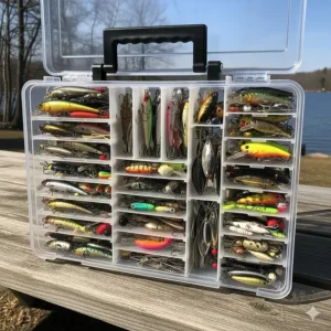 A large plastic lure box with a handle, suitable for storing and transporting a large collection of tackle.
