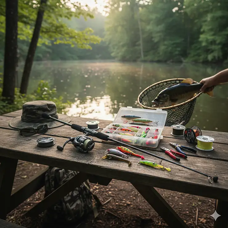 A complete selection of essential fishing gear for largemouth bass, including various lures, a baitcasting reel, rod, and tackle box ready for a fishing trip.