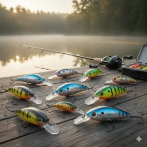 Assortment of colorful crankbait lures, effective fishing gear for attracting largemouth bass in open water.