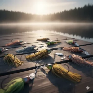 A collection of spinnerbaits and chatterbaits, excellent noisy and vibrating lures for largemouth bass fishing.