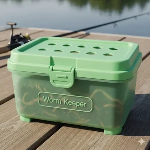 A simple, ventilated container specifically designed for storing and transporting live fishing worms, with a secure lid to prevent spills.