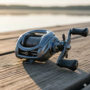 A close-up view of a low-profile baitcasting reel with a 7.1:1 gear ratio, a popular option for the best bass fishing reels.