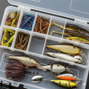 Close-up of a fishing tackle organizer showing adjustable compartments for various sizes of lures.