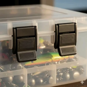 Detailed shot of the secure, sturdy latches on a heavy-duty plastic lure box.