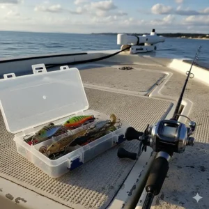 A plastic lure box sitting on the deck of a fishing boat next to a fishing rod and reel.