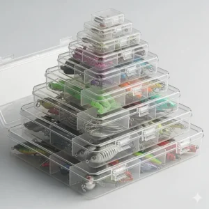 A stack of multiple transparent plastic lure boxes of different sizes, demonstrating their ease of storage.