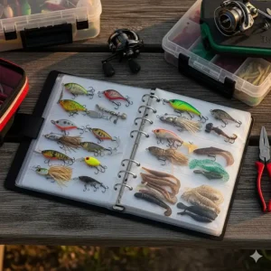 A compact binder with clear plastic sleeves, providing a tidy and convenient way to store and view different fishing lures and soft plastics.