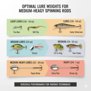 A chart detailing the recommended lure weight range for a medium-heavy spinning rod, showing which lures work best with this versatile rod power.