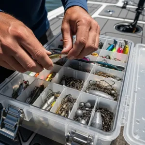 A close-up shot of a boater organizing their fishing tackle into a marine-grade storage container with secure latches.