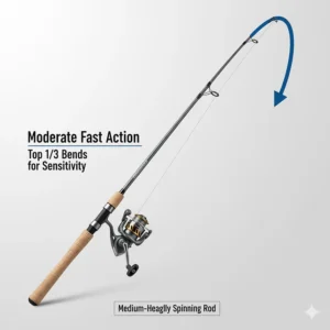 A diagram illustrating the moderate fast action of a medium-heavy spinning rod, showing how the top third of the rod bends under pressure. This action provides a good balance of sensitivity and power.