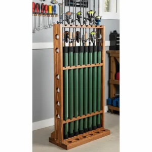 A vertical storage rack holding multiple fishing rod storage tubes, demonstrating an efficient system for organizing and protecting a large collection of rods in a small footprint.