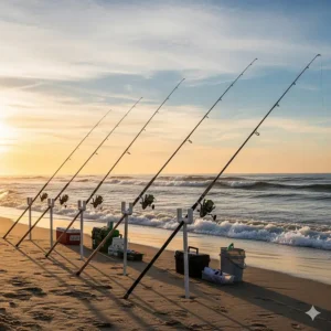 A setup of multiple beach fishing rod holders lined up on the shore, ready for a day of fishing.