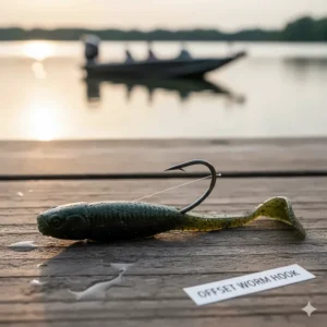 Close-up of an offset round bend bass fishing worm hook with a bent shank to secure soft plastic worms and creature baits on a Texas rig.