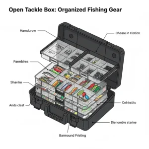 An overhead view of a large, multi-level tackle box with several open tackle trays neatly organized inside, filled with a wide variety of fishing gear.