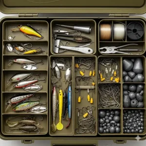 A close-up shot of a classic multi-compartment fishing tackle box with lures, hooks, and sinkers neatly organized inside.