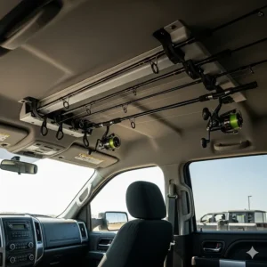 An interior view of an overhead fishing rod storage system inside a truck cab, keeping rods out of the way and protected from damage.