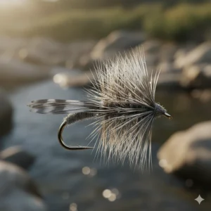 Close-up of a Parachute Adams dry fly, a highly effective pattern when fishing for trout.