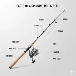An infographic labeling the key parts of a medium-heavy spinning rod, including the handle, reel seat, guides, and tip. Each component is essential for performance and durability.