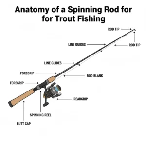 A labeled diagram pointing out the key components of a spinning rod for trout fishing, such as the handle, reel seat, guides, and tip.