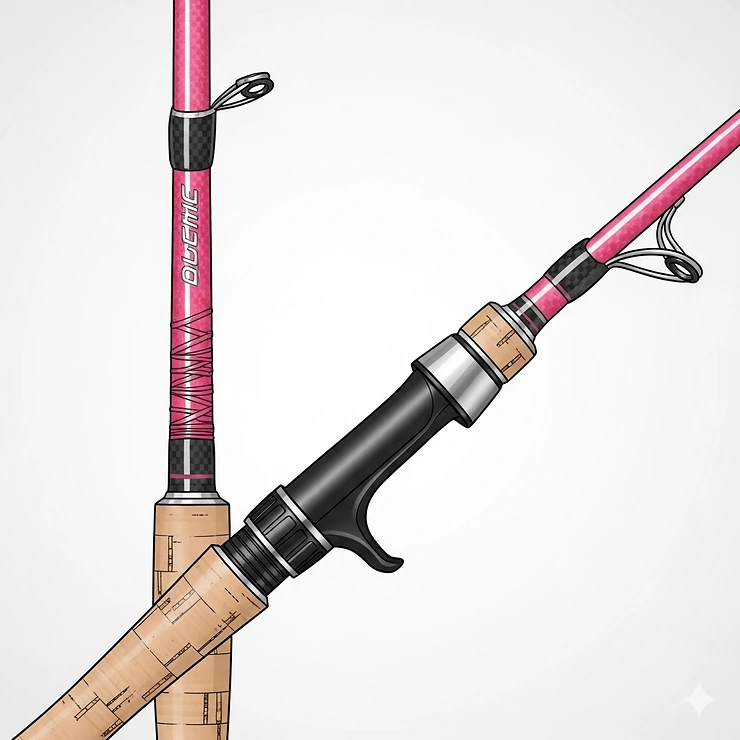 A detailed illustration of a pink fish rod, highlighting its lightweight carbon fiber blank and comfortable cork handle.