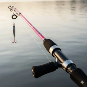 A close-up shot of a bright pink fishing rod, showcasing its ergonomic handle and vibrant color, ready for use on a calm lake.