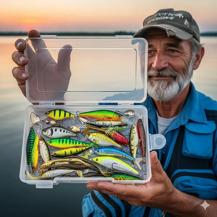 A fisherman holding a clear, durable plastic lure box filled with a variety of colorful fishing lures.
