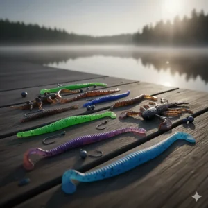 Various soft plastic worms and creature baits, indispensable largemouth bass fishing gear for Texas and Carolina rigging.