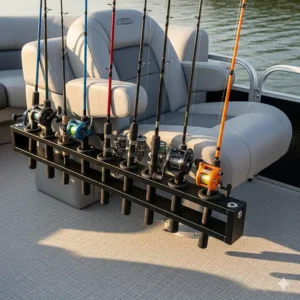 A horizontal pontoon rod rack mounted under a seat, providing convenient and secure pontoon rod storage.