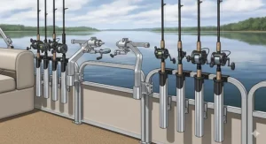 An illustration of a pontoon boat railing with multiple fishing rods in a variety of vertical and horizontal rod holders, providing a detailed view of a full rod setup.