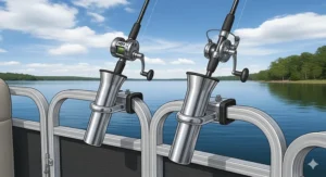 An illustration of two adjustable stainless steel pontoon rod holders, one with a spinning rod, clamped securely to the boat railing with a calm lake and treeline in the background.