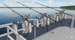 An illustration of a pontoon boat with multiple fishing rods in adjustable rod holders, showing a full setup for trolling and a detailed view of the clamp-on mechanism.