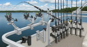 An illustration showing various types of pontoon rod holders, including both single rod holders and multi-rod racks, mounted on the boat railing with fishing rods in place.