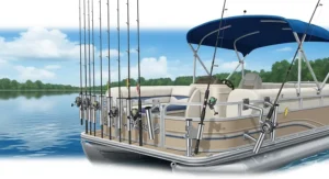 An illustration of a pontoon boat from the stern, showing multiple fishing rods in various holders on the railing and a blue bimini top in the background.