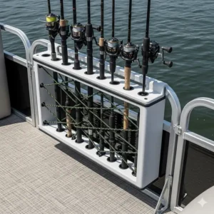 A pontoon boat organizer with multiple slots and bungee cords for secure and organized fishing rod storage.