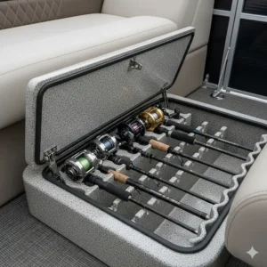 A close-up view of fishing rods neatly stored in a custom-built pontoon rod storage compartment under the boat's seating.