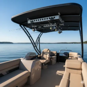 A pontoon boat with a T-top and fishing rods stored in a specially designed rod holder on the roof.
