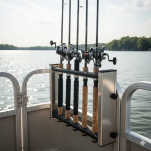 A vertical pontoon rod holder mounted to the railing, storing fishing rods upright and out of the way.