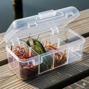 A small, transparent portable container used as a bait organizer, keeping different types of live bait separate and accessible.