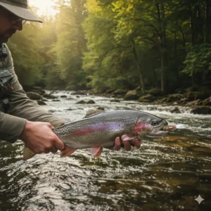 A beautiful rainbow trout caught and landed using a silver spinner lure.